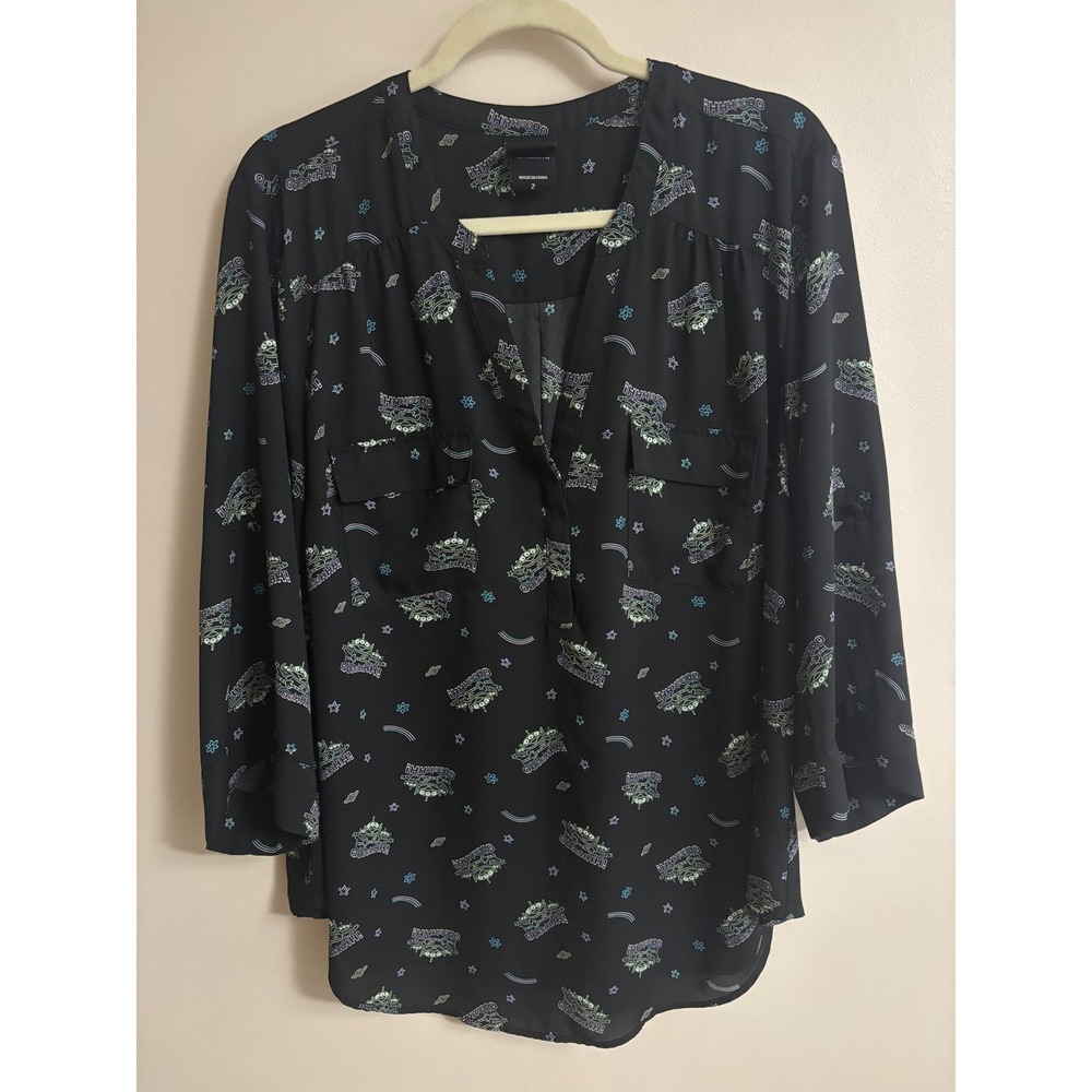 Disney Pixar Toy Story Alien Print Blouse Black Long Sleeve V-Neck Top Size 2X